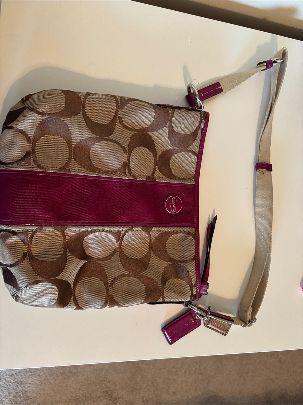 Coach Khaki Canvas Shoulder Bag with Fuchsia Trim